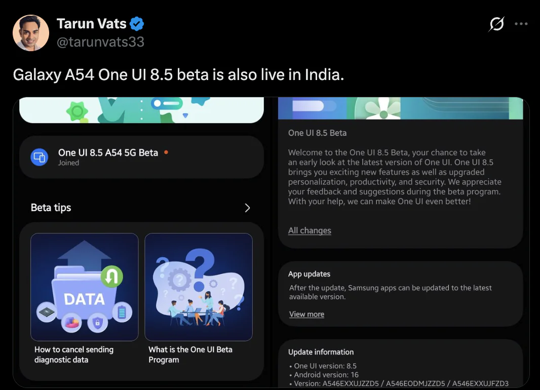 One UI 8.5 Beta Tiba Di Galaxy A54, Update 2,7GB Mulai Digulirkan Di India