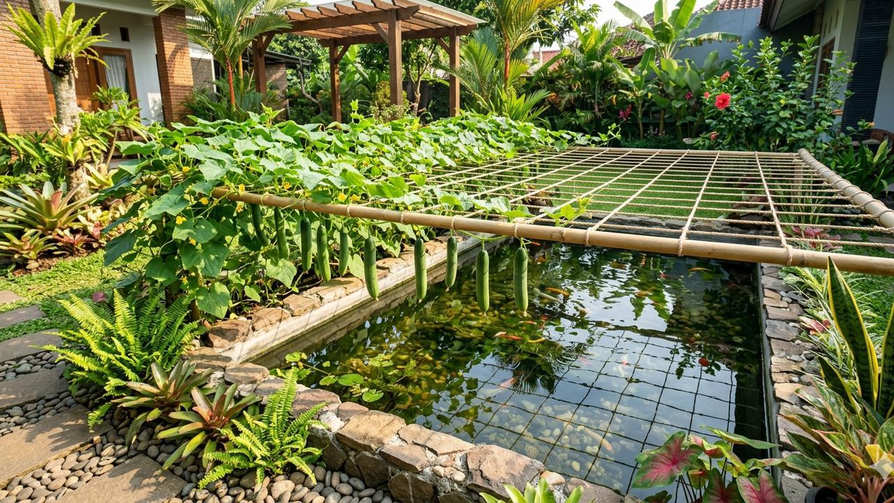 Kebun Mentimun Di Atas Kolam Ikan, Cara Cerdas Membuat Pekarangan Sempit Tetap Panen Dan Estetik